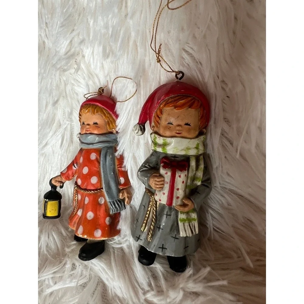 Vintage Christmas Girl & Boy Figurine Ornaments 3.5